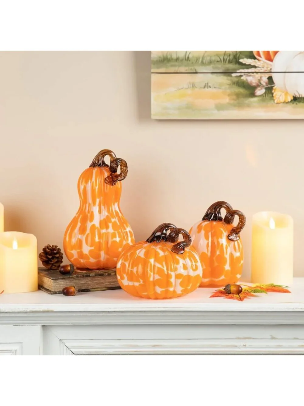 Hand Blown Glitter Glass Pumpkin Set of 3 | Fall Harvest Table Decor, Orange
